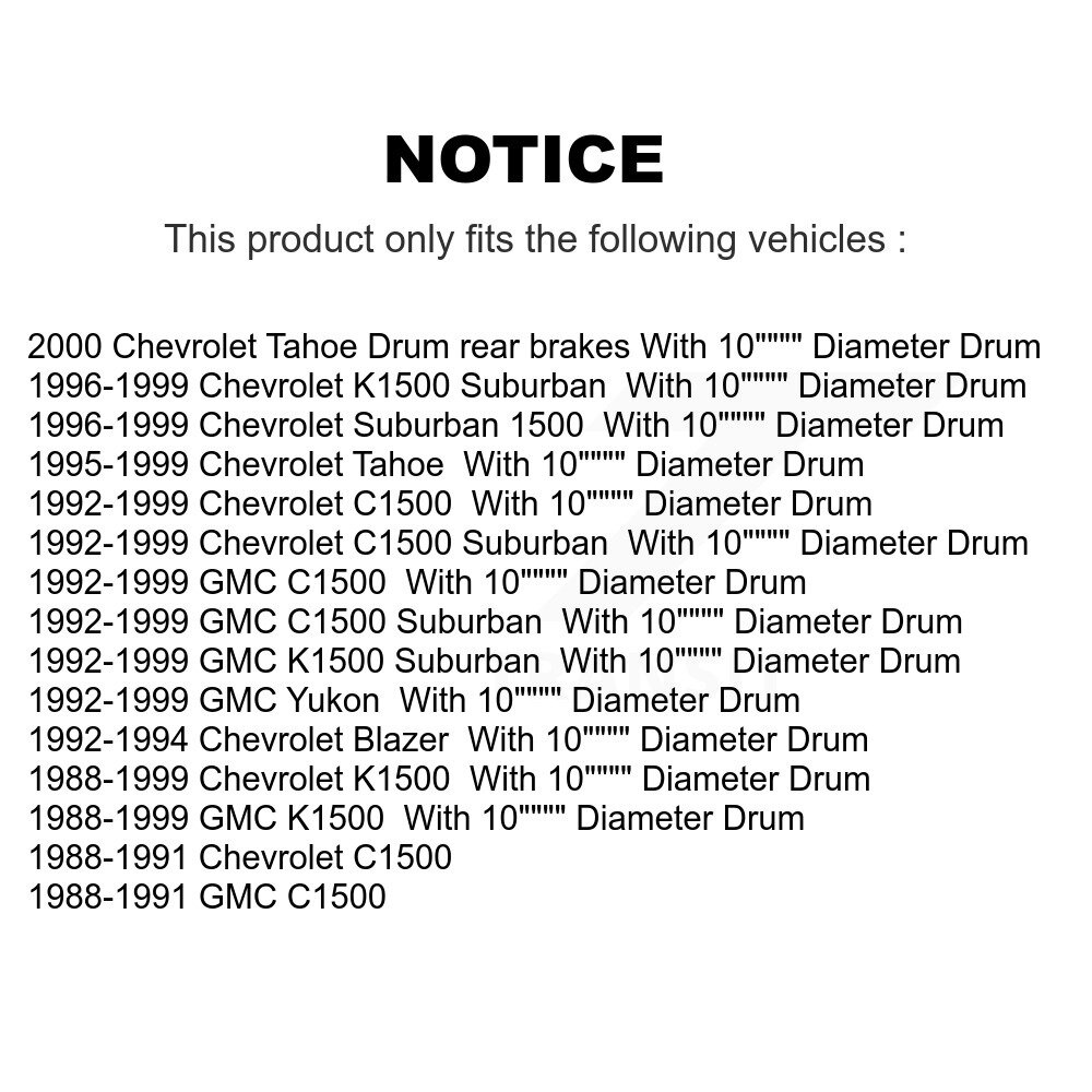 [Arrière] Tambour arrière Kit de matériel de frein pour Chevrolet K1500 GMC C1500 Tahoe Yukon Suburbain