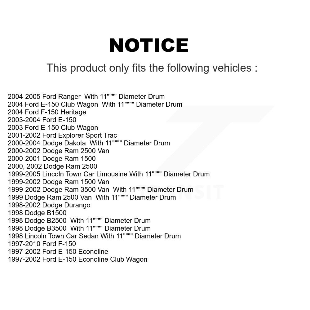 [Arrière] Tambour arrière Kit de matériel de frein pour Ford F-150 Dodge Dakota Ranger Ram 1500 2500