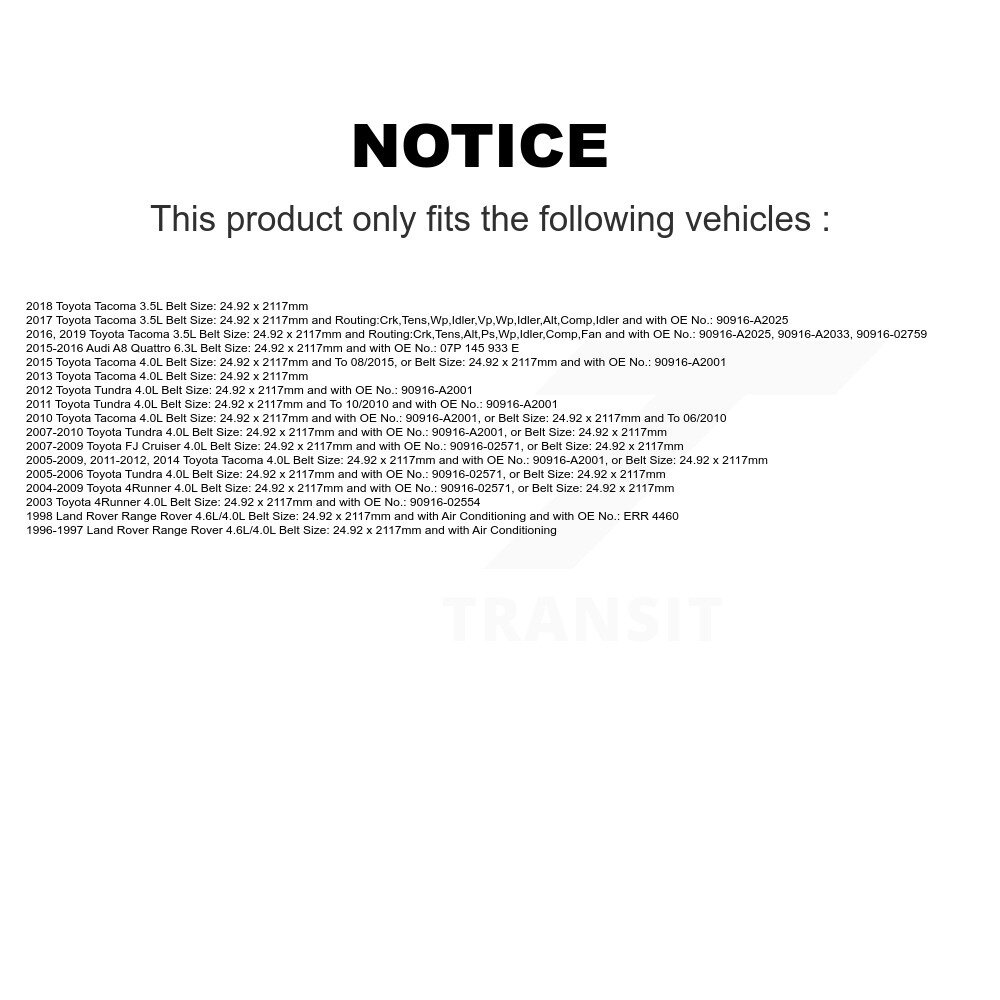 [Pompe à eau, alternateur, climatisation et direction assistée] Ceinture d'entraînement accessoire pour Toyota Tacoma Tundra 4Runner FJ Cruiser Audi A8 Quattro