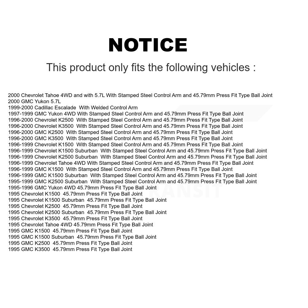 [Avant inférieur] Joint à rotule à suspension inférieure avant pour K1500 Chevrolet GMC K2500 K3500 Tahoe