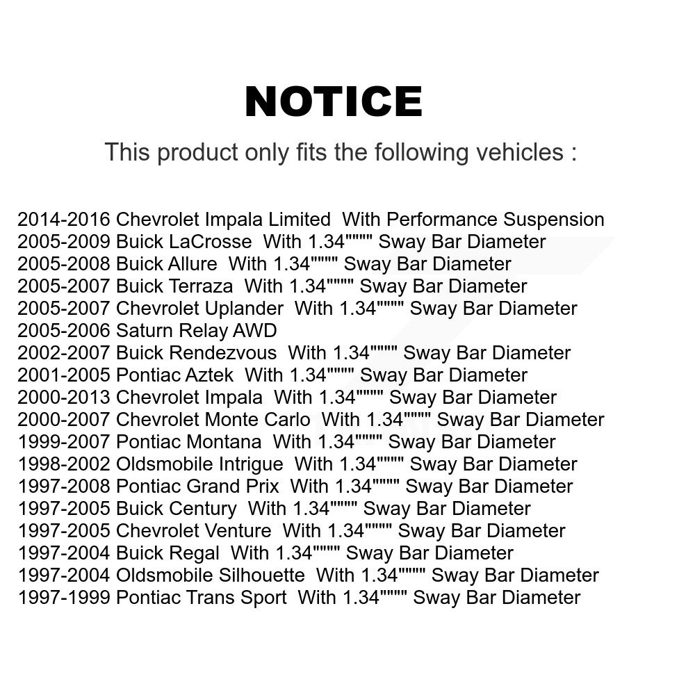 [Front To Frame] Avant de cadre de suspension stabilisant barre Bushing Kit pour Chevrolet Impala Buick