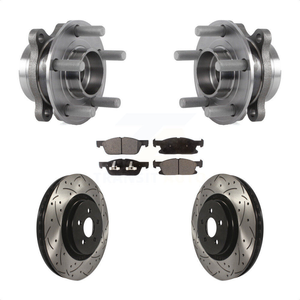 Transit Auto Front Hub Bearing Assembly Coated Drilled Slotted Disc Brake Rotors And Semi-Metallic Pads Kit KBB-113556