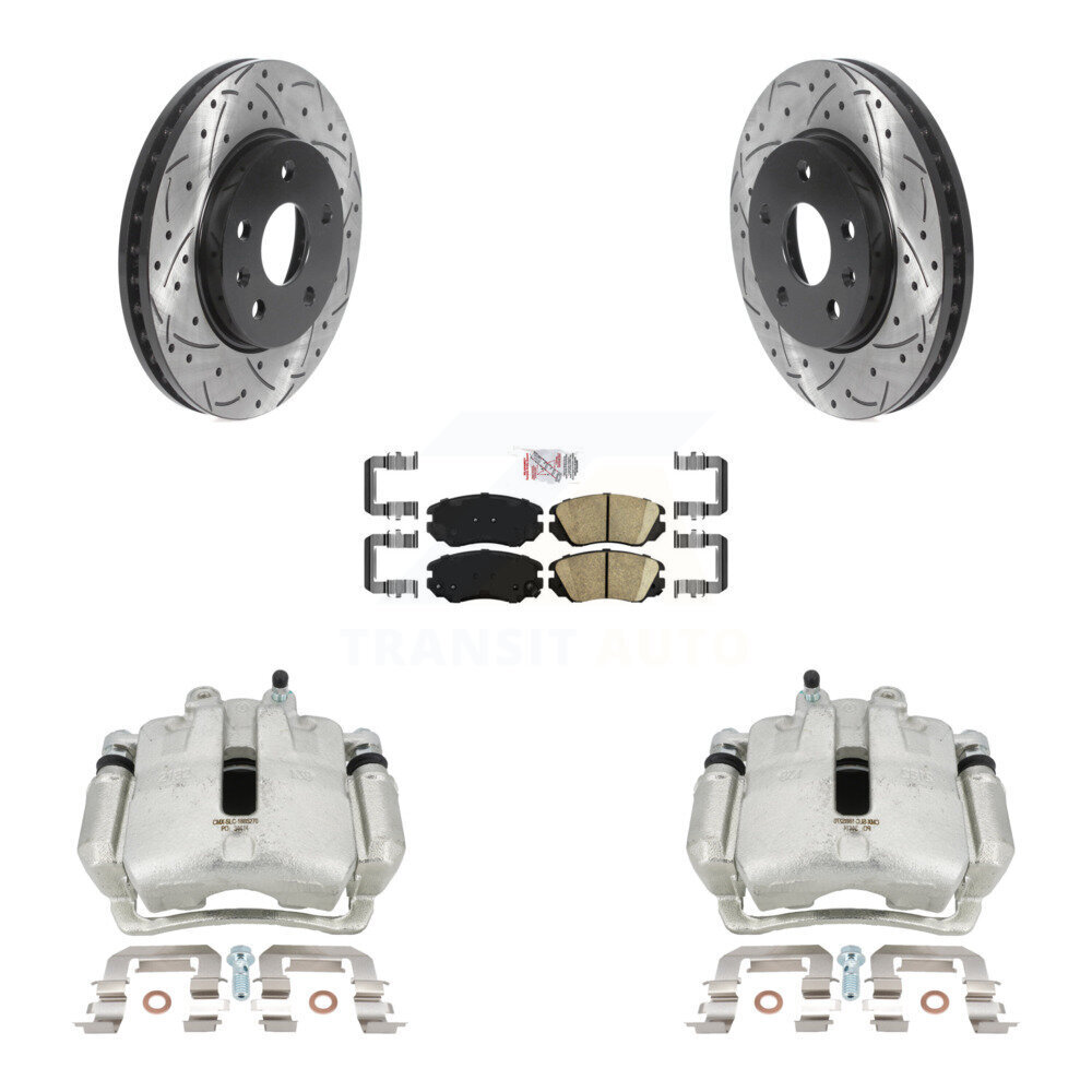 Transit Auto Front Disc Brake Coated Caliper Drilled Slotted Rotors And Ceramic Pads Kit KCD-100035N