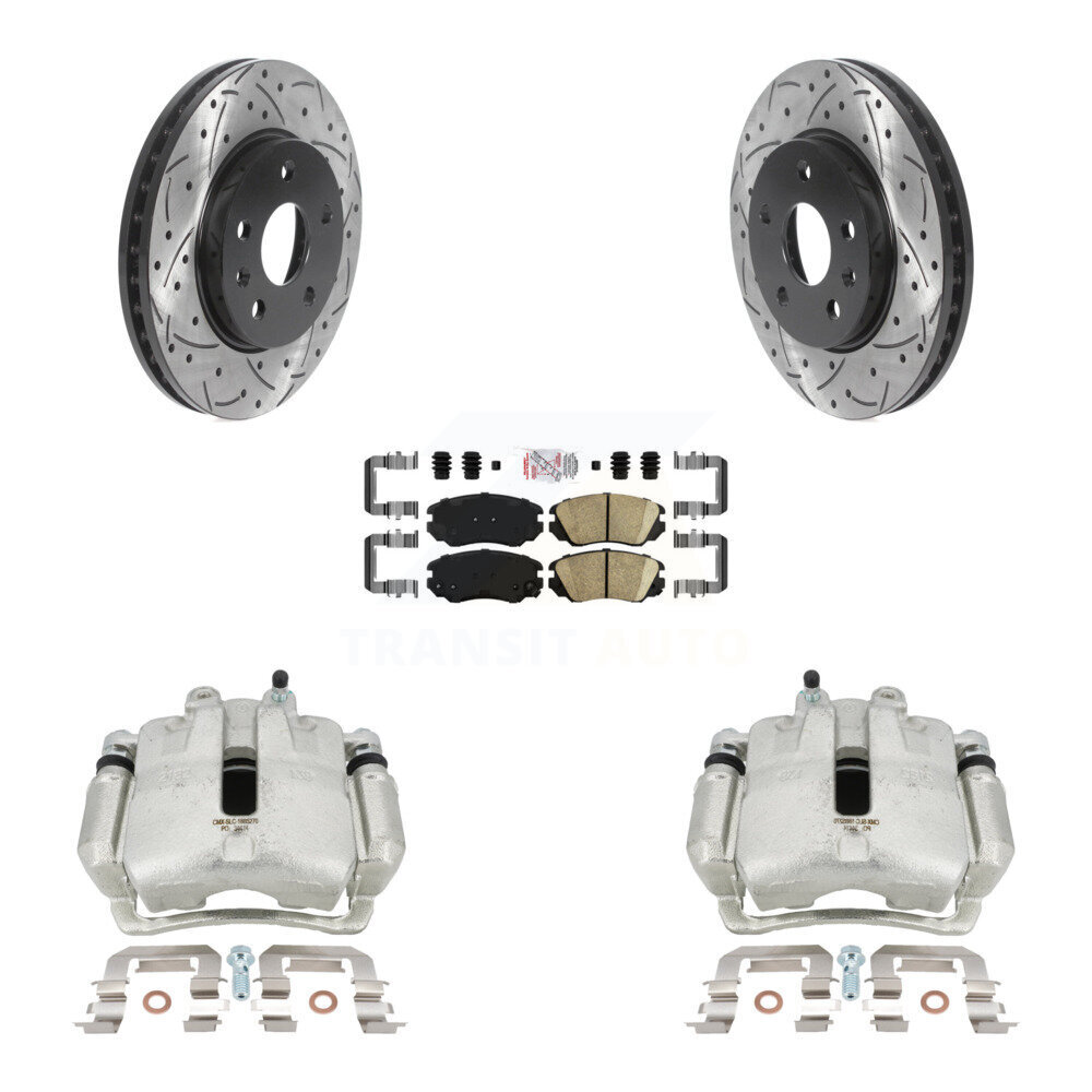 Transit Auto Front Disc Brake Coated Caliper Drilled Slotted Rotors And Ceramic Pads Kit KCD-100036N