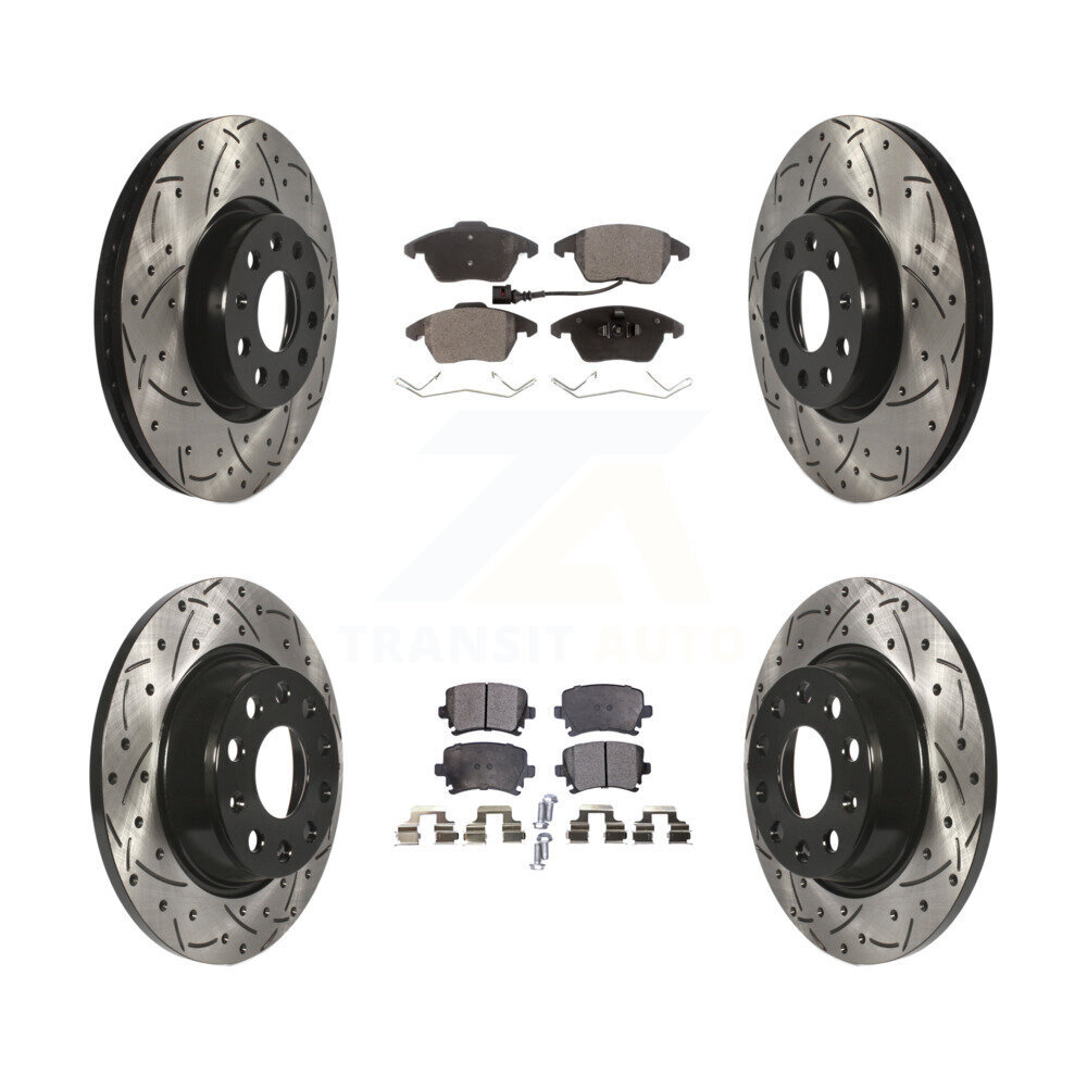 Transit Auto Front Rear Coated Drilled Slotted Disc Brake Rotors And Semi-Metallic Pads Kit KDF-100292
